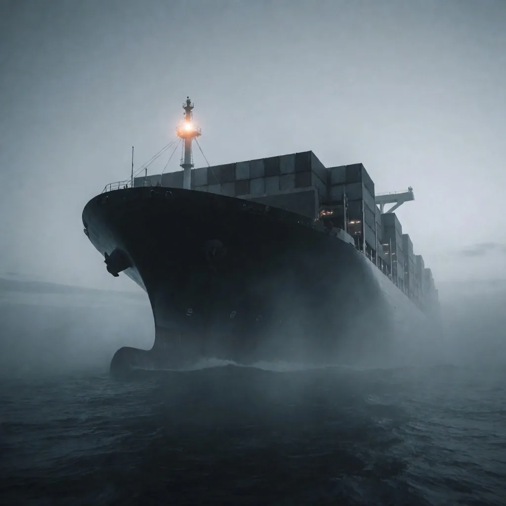 Buque portacontenedores navegando entre la niebla al anochecer