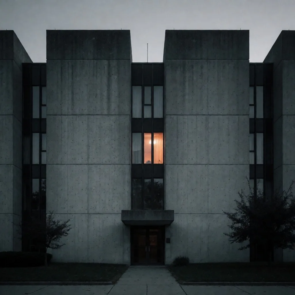 Fachada de banco central con estilo brutalista al anochecer
