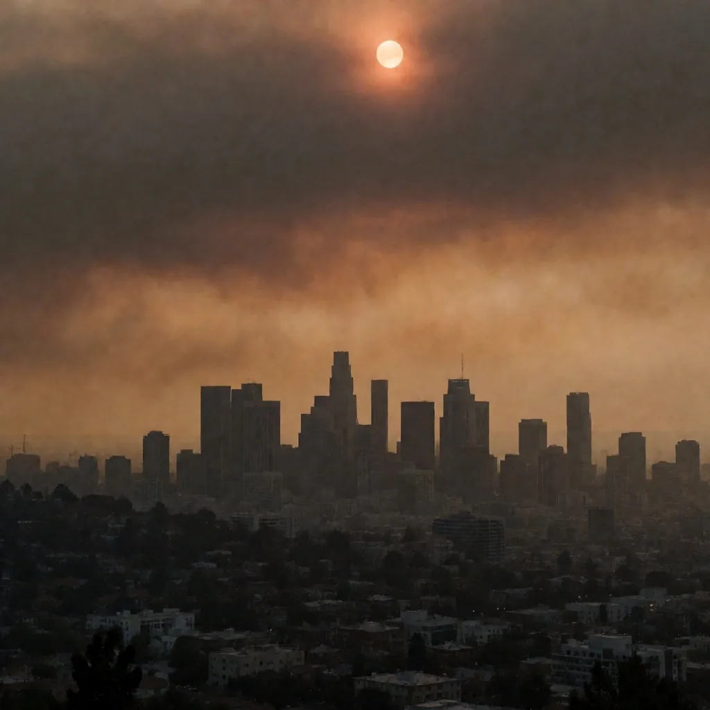 Humo de incendios sobre una ciudad al atardecer