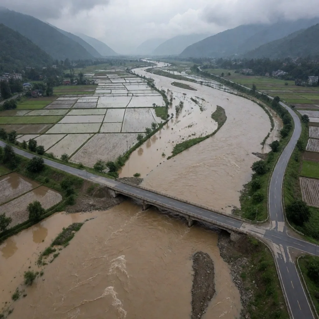 Inundaciones en un valle con infraestructura dañada