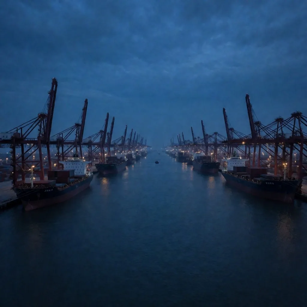Puerto comercial en China con buques de carga al anochecer