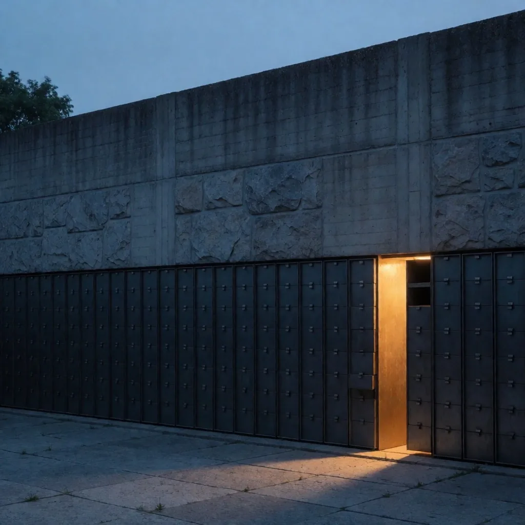 Muro de archivo editorial al anochecer