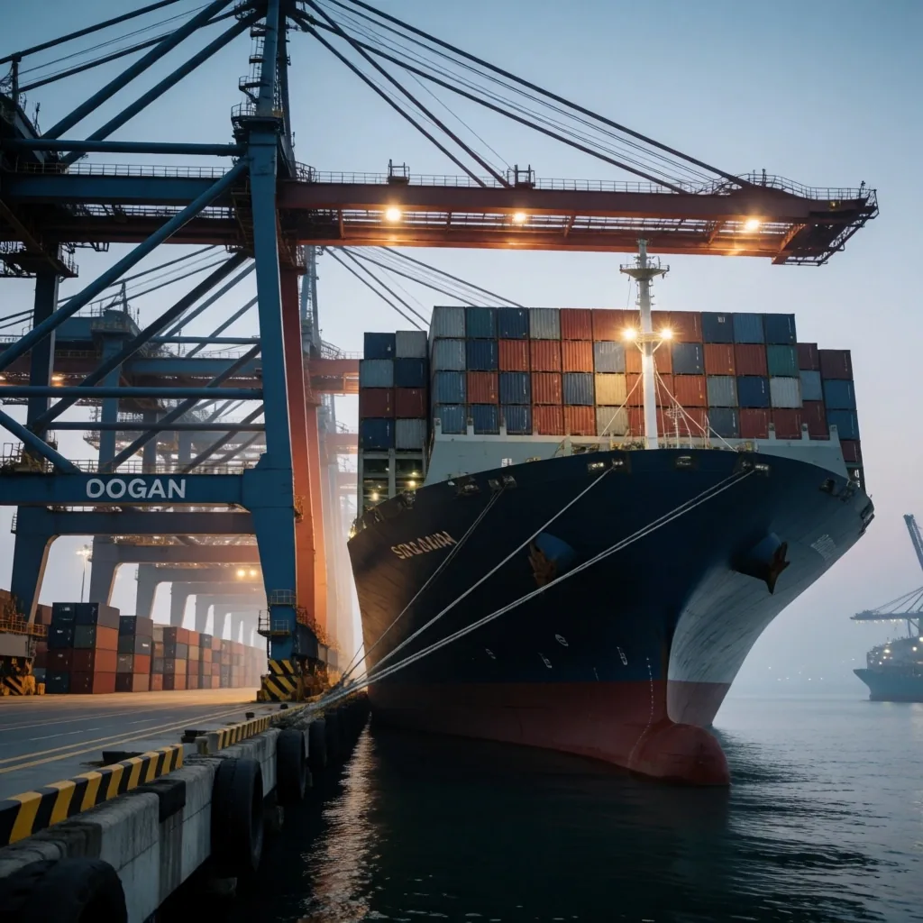 Puerto de contenedores de Corea del Sur al anochecer