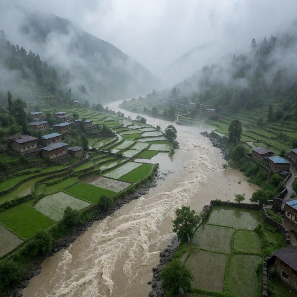 Inundación en un valle de Nepal tras las lluvias monzónicas