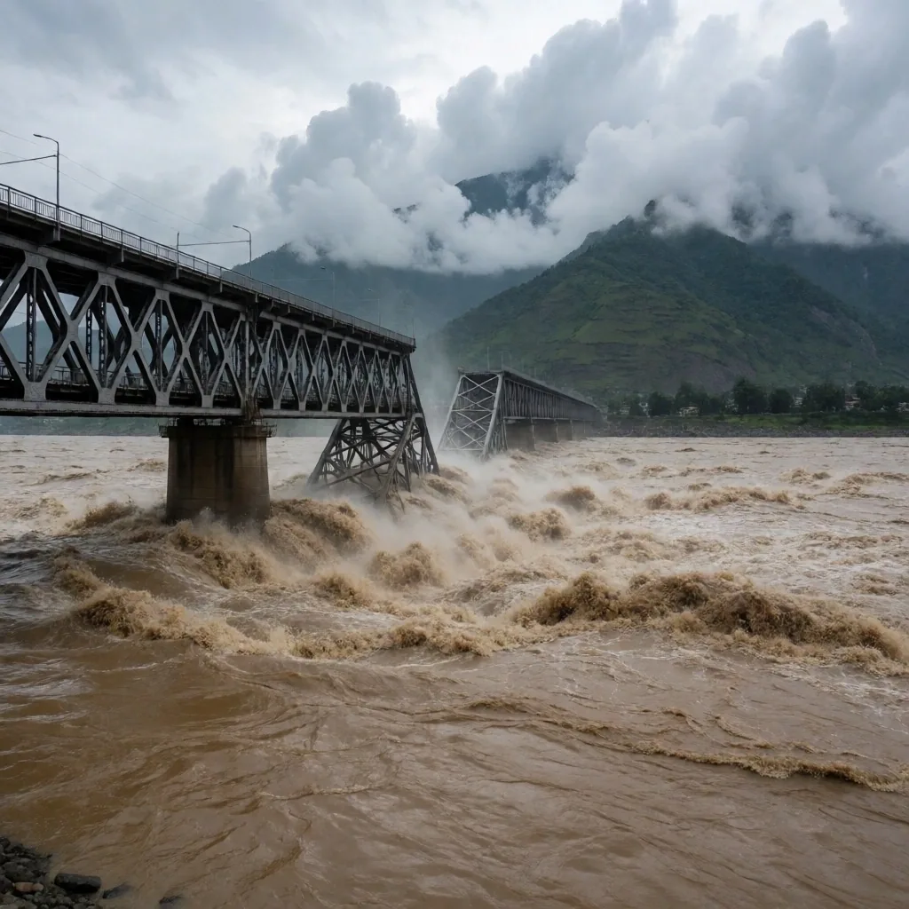 Puente dañado sobre un río desbordado en el este de Nepal