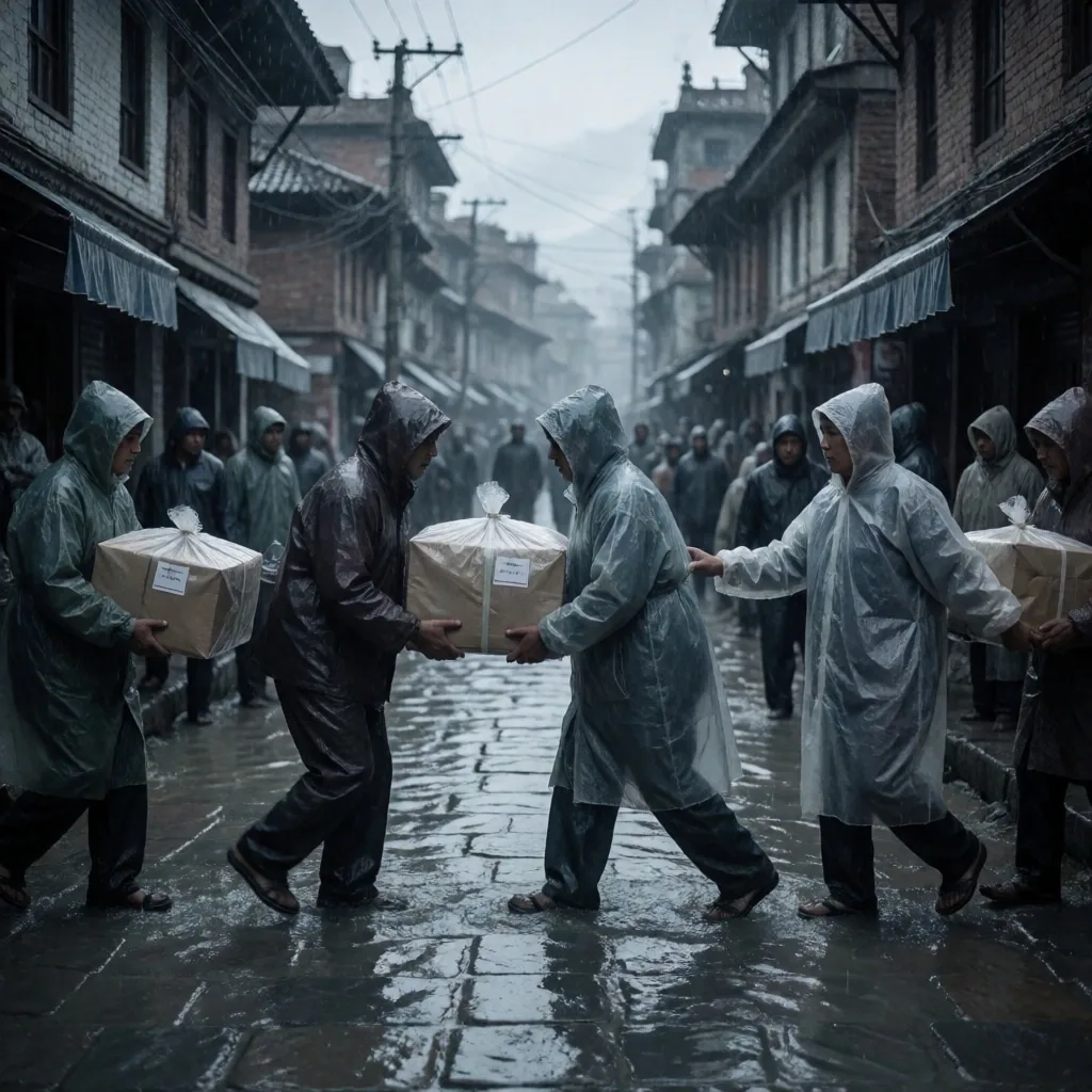 Vecinos y brigadas de ayuda cruzan una calle inundada en un pueblo de Nepal