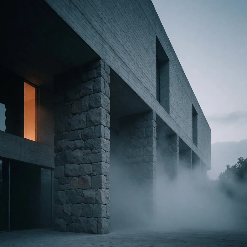 Edificio editorial de hormigón al anochecer con niebla