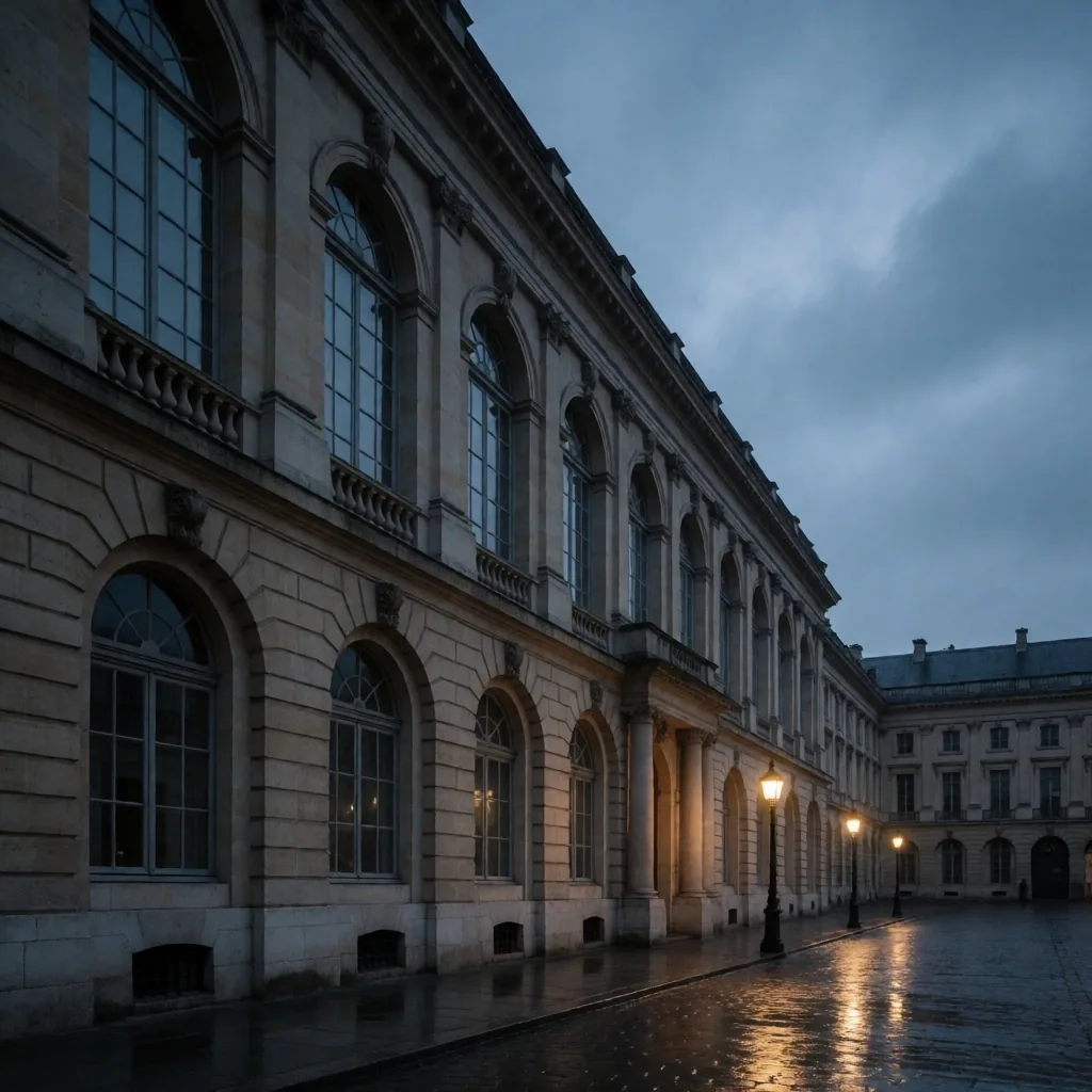 Edificio diplomático europeo al anochecer