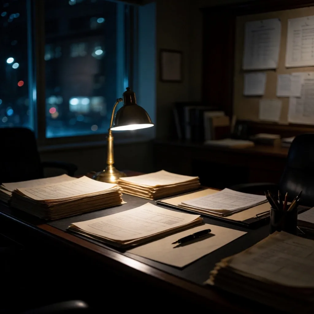 Escritorio de edición nocturna con documentos y lámpara