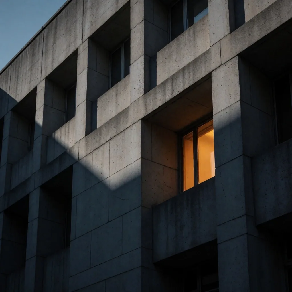 Fachada de hormigón brutalista al atardecer