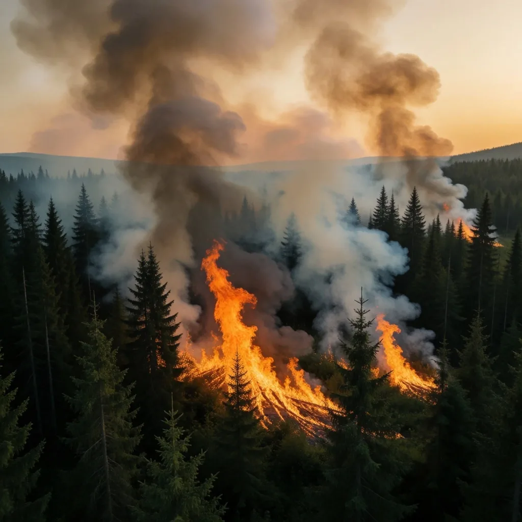 Incendio forestal visto desde el aire al atardecer