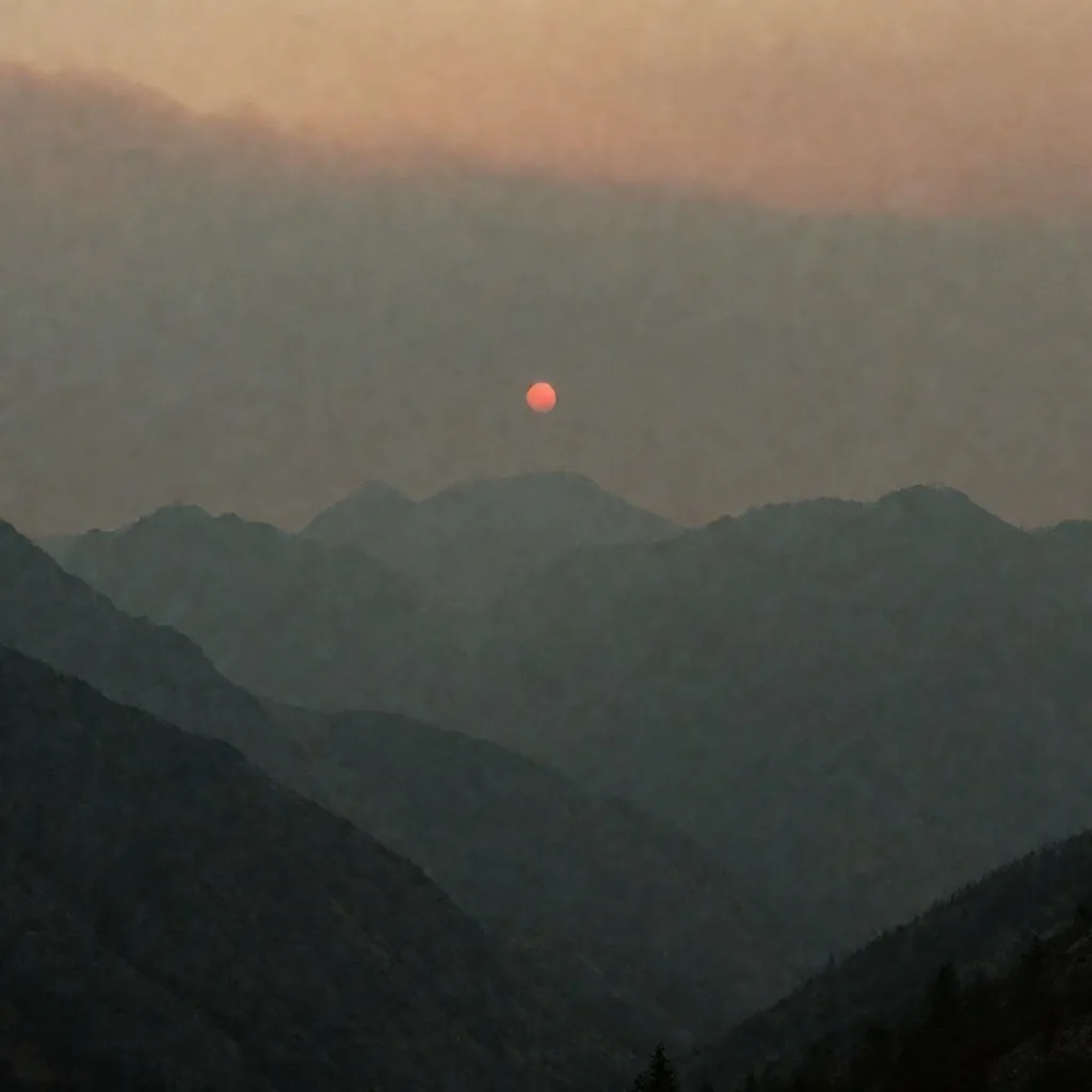 Sierra montañosa cubierta por una densa capa de humo gris con un sol tenue