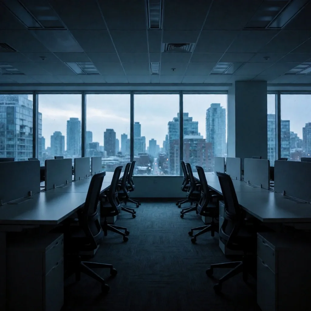 Oficina corporativa vacía al anochecer
