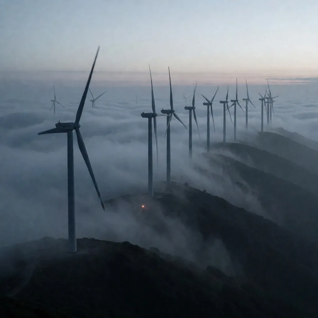Parque eólico entre la niebla a gran altitud