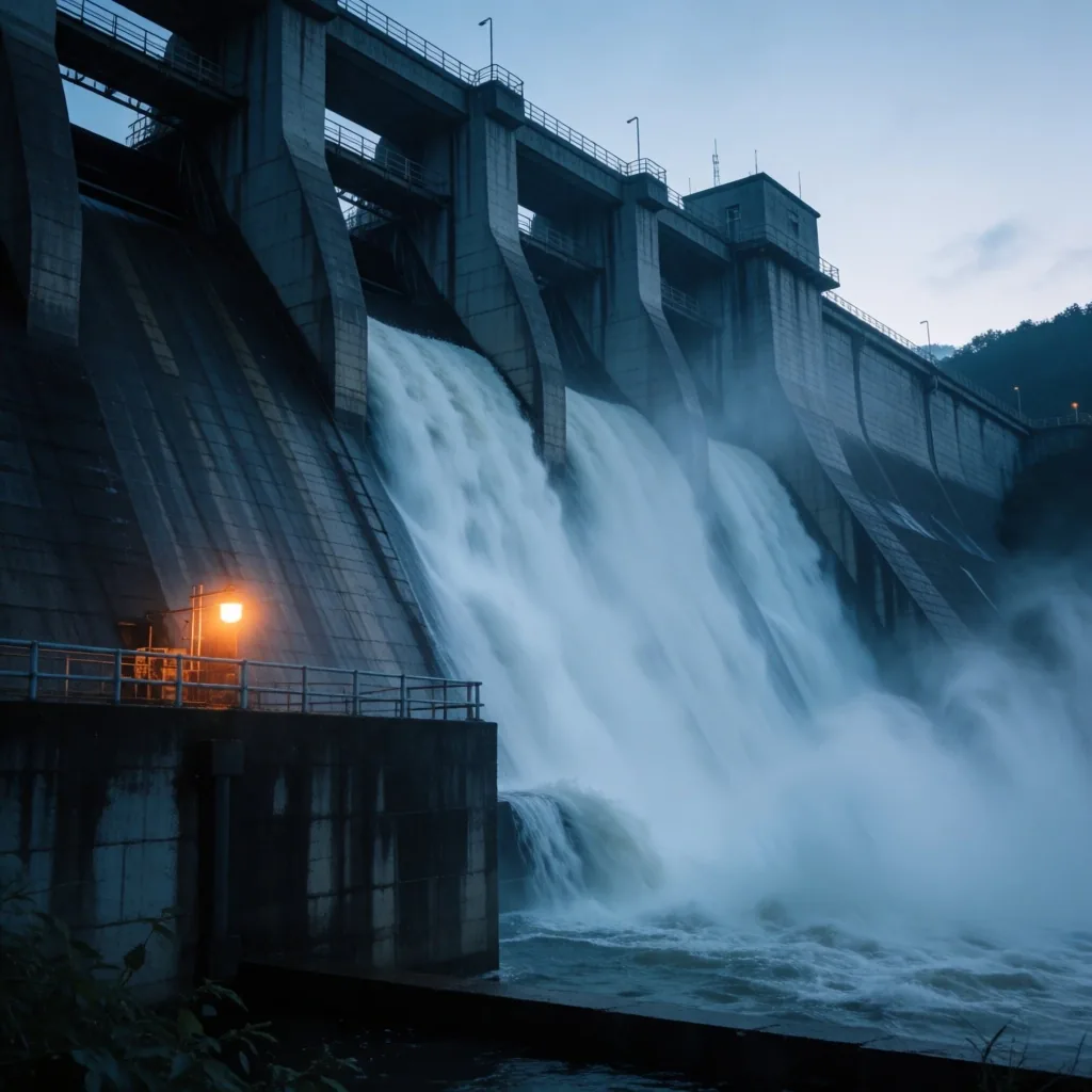 Presa de hormigón con cortina de niebla al anochecer