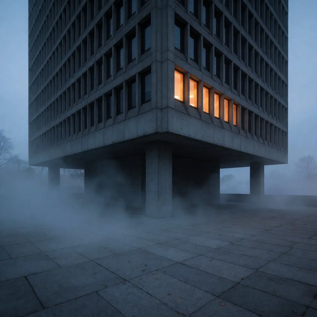 Torre de oficinas al atardecer entre la niebla