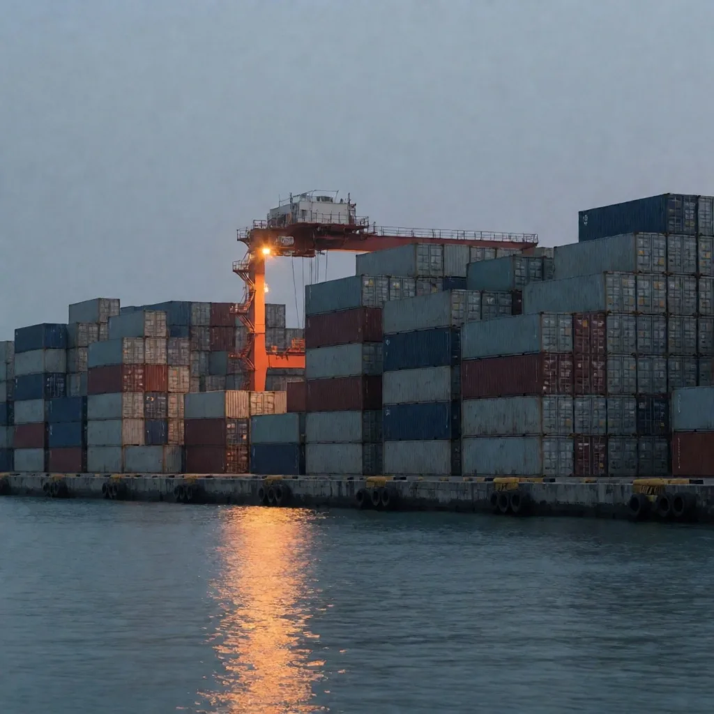 Puerto de contenedores al atardecer, símbolo del comercio global