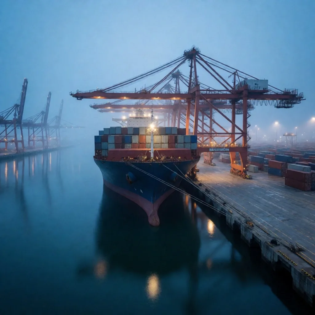 Buque portacontenedores en puerto neblinoso al amanecer