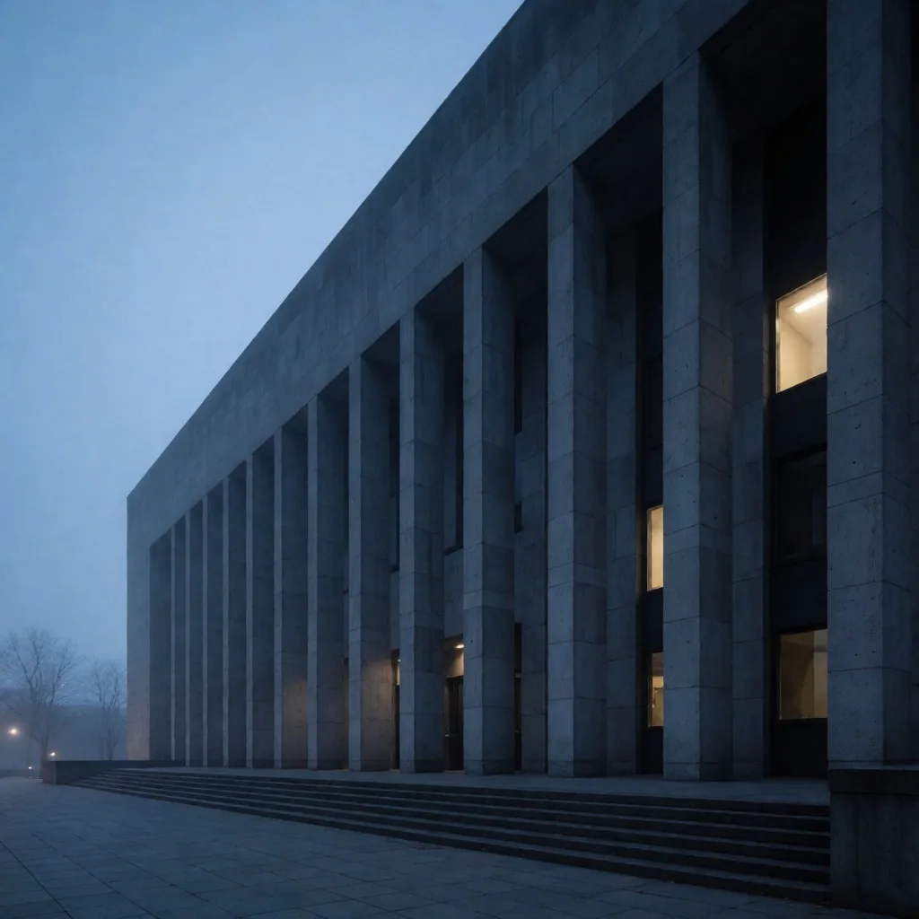 Edificio de piedra brutalista al anochecer
