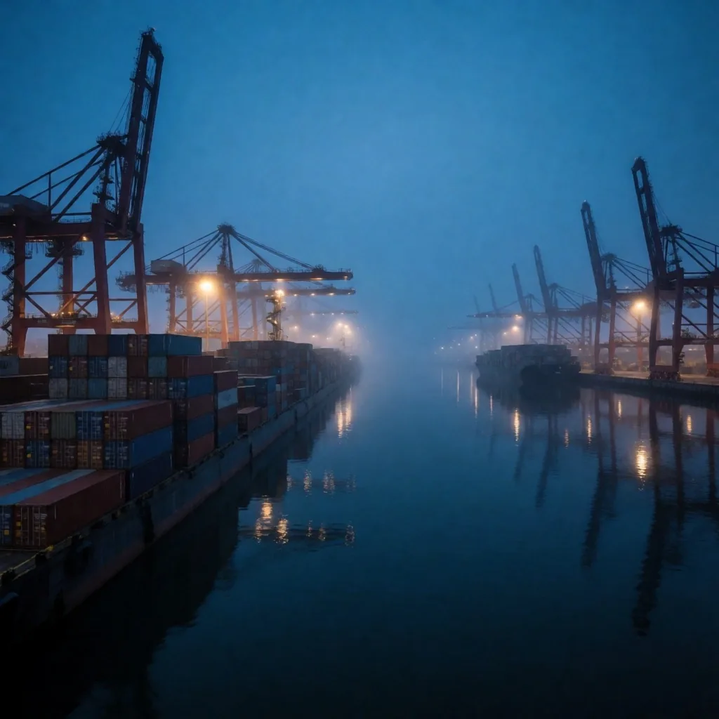 Buques portacontenedores en puerto industrial al anochecer